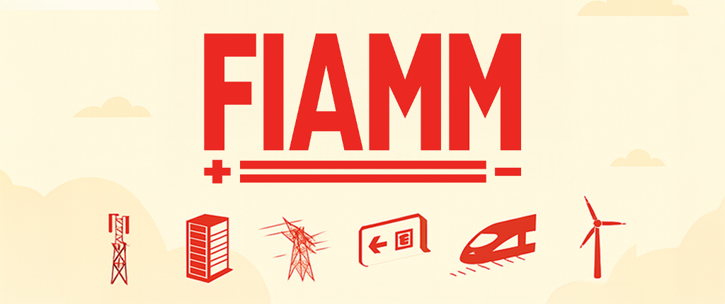 FIAMM lead-acid battery powering six key energy sectors with red icons: Telecom, Data Center, Industry & Utilities, Security & Emergency, Motion, and Renewable Energy.