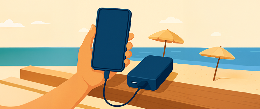 Χέρι που κρατά κινητό συνδεδεμένο σε power bank στην παραλία, ιδανικό για διακοπές