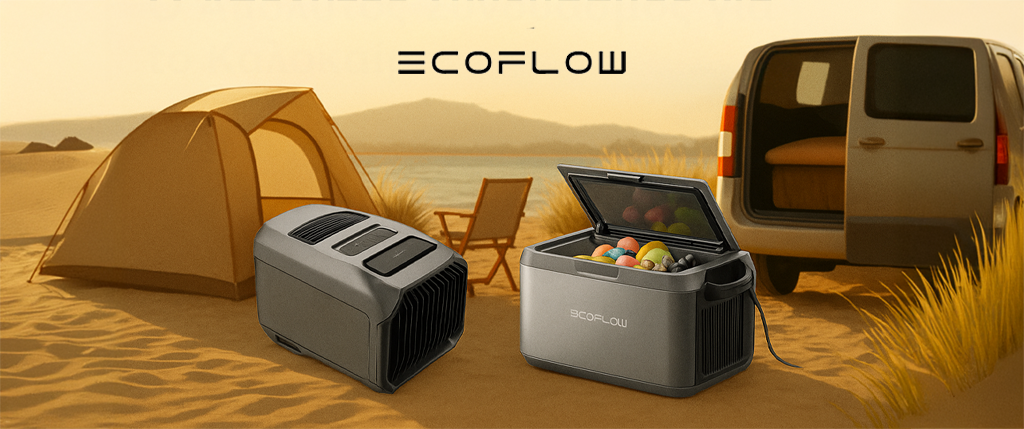 Φορητό κλιματιστικό EcoFlow Wave 3 και φορητό ψυγείο–καταψύκτης EcoFlow Glacier σε σκηνικό παραλίας, με σκηνή και βαν στο φόντο.