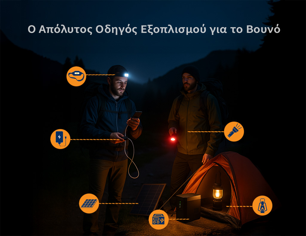 Δύο ορειβάτες νυχτερινής εξόρμησης με φακό κεφαλής, φακό χειρός και πλήρη εξοπλισμό, δίπλα σε σκηνή με φαναράκι, power station και ηλιακό πάνελ