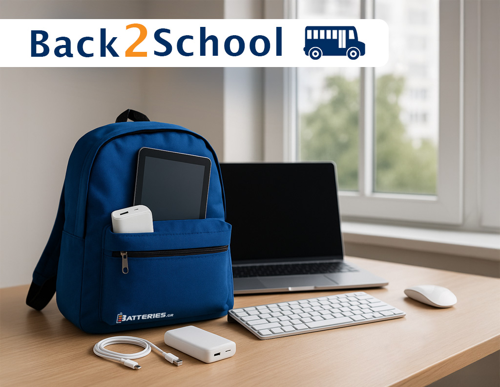 Μπλε σχολική τσάντα σε γραφείο με tablet, power bank, laptop, πληκτρολόγιο, mouse και φορτιστές
