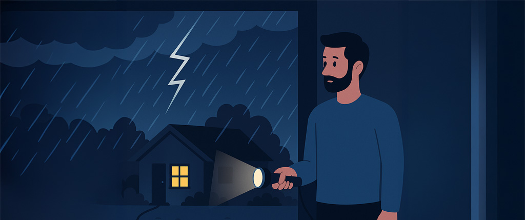 Ένας άντρας κρατά φακό μέσα στο σπίτι, ενώ έξω μαίνεται δυνατή καταιγίδα. Από το παράθυρο φαίνεται απέναντι ένα σκοτεινό σπίτι, με μόνο ένα παράθυρο φωτισμένο.