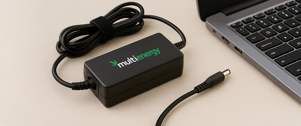 Τροφοδοτικό laptop MultiEnergy σε ανοιχτόχρωμο φόντο, συνδεδεμένο με laptop – ενισχυμένο καλώδιο, μαύρο περίβλημα και λογότυπο MultiEnergy σε λευκό-πράσινο.
