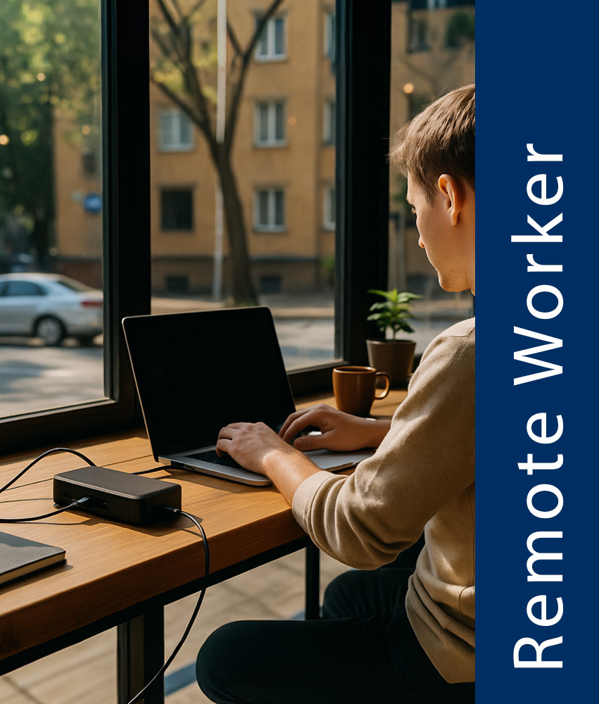 Άτομο που εργάζεται σε laptop σε καφέ με ζεστό φυσικό φως, χωρίς να φαίνεται το πρόσωπο, με minimal τεχνολογικό setup και power hub στο τραπέζι.