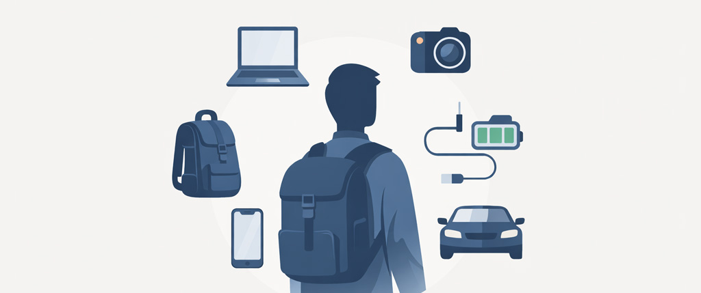 Ημι-επίπεδη εικονογράφηση ανθρώπου με backpack, περιτριγυρισμένου από συσκευές όπως laptop, smartphone, κάμερα, αυτοκίνητο και μπαταρία, που συμβολίζουν την οργανωμένη ενεργειακή ετοιμότητα εκτός σπιτιού.
