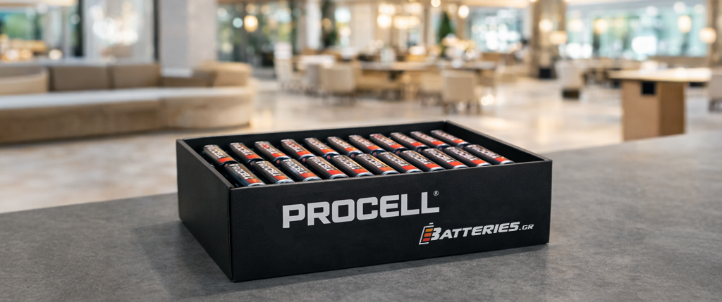 Κουτί Batteries.gr με οργανωμένες αλκαλικές μπαταρίες Procell σε επαγγελματικό περιβάλλον ξενοδοχείου
