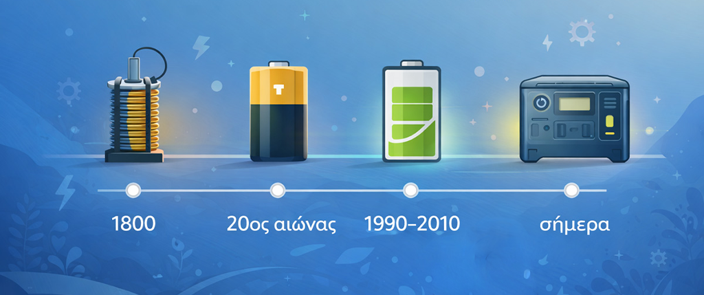 Flat design γραφικό για την Παγκόσμια Ημέρα Μπαταρίας με μπαταρίες διαφορετικών εποχών, σύγχρονες συσκευές και χρονογραμμή εξέλιξης της ενέργειας.