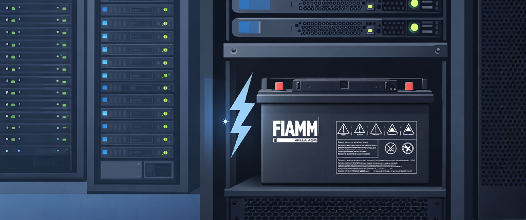 FIAMM μπαταρία UPS τοποθετημένη σε rack server room με αναμμένα LED ενδείξεων, σε σύγχρονο data center με ψυχρό φωτισμό.