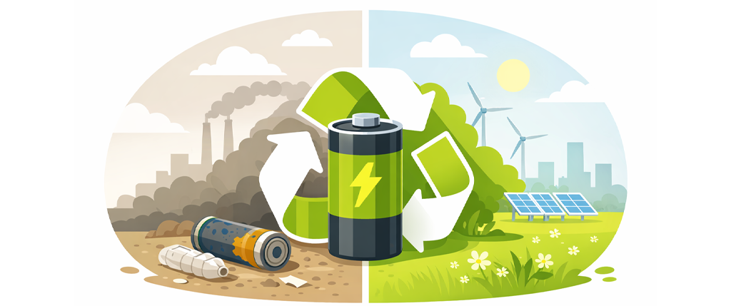 Εικόνα ανακύκλωσης μπαταριών με σύμβολο recycle και αντίθεση ρύπανσης και καθαρού περιβάλλοντος