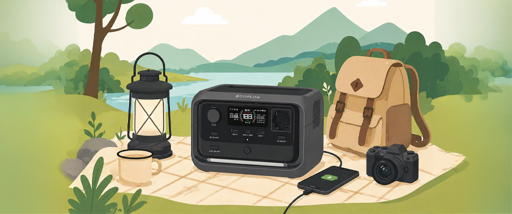 flat design εικαστικό με power station σε εξόρμηση στη φύση για βιώσιμη ενέργεια στο τριήμερο