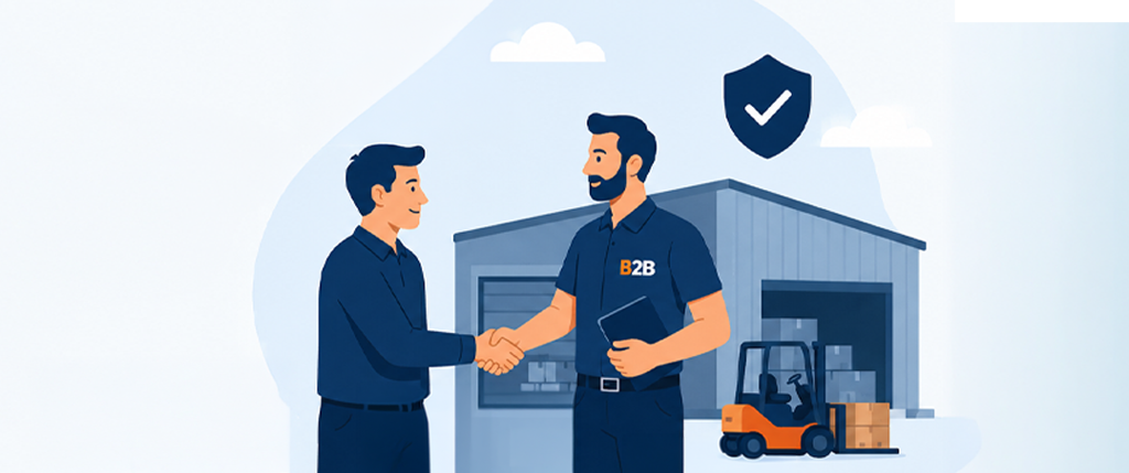 Flat illustration για B2B λύσεις ενέργειας με επαγγελματικές μπαταρίες, φορητό power station και επιχειρηματική συνεργασία από το Batteries.gr.