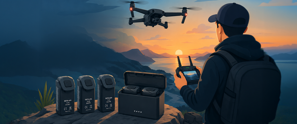 Flat illustration με drone στον αέρα, χειριστή, μπαταρίες drone και icons για αυτονομία, ασφάλεια και σταθερή απόδοση.