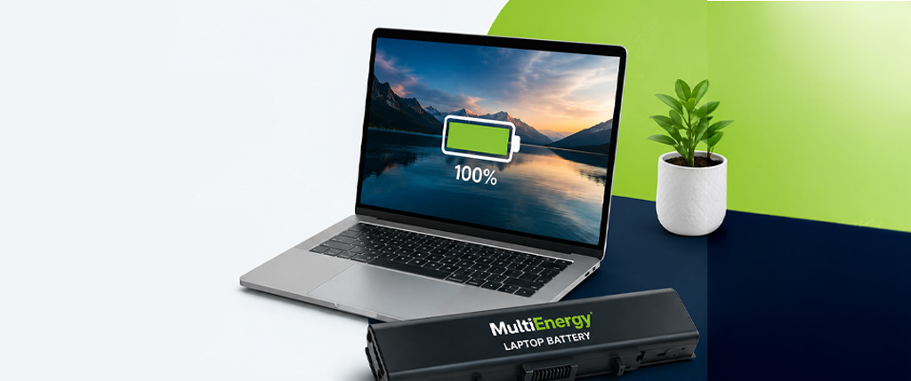 Laptop σε γραφείο με μπαταρία MultiEnergy και ένδειξη πλήρους φόρτισης, παρουσιάζοντας τη σημασία της αντικατάστασης μπαταρίας laptop για μεγαλύτερη αυτονομία και απόδοση.