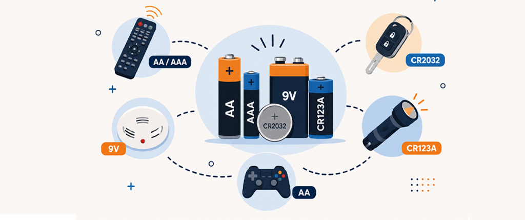 Flat design infographic με τους βασικούς τύπους μπαταριών (AA, AAA, CR2032, 9V και CR123A) και τις συσκευές στις οποίες χρησιμοποιούνται.