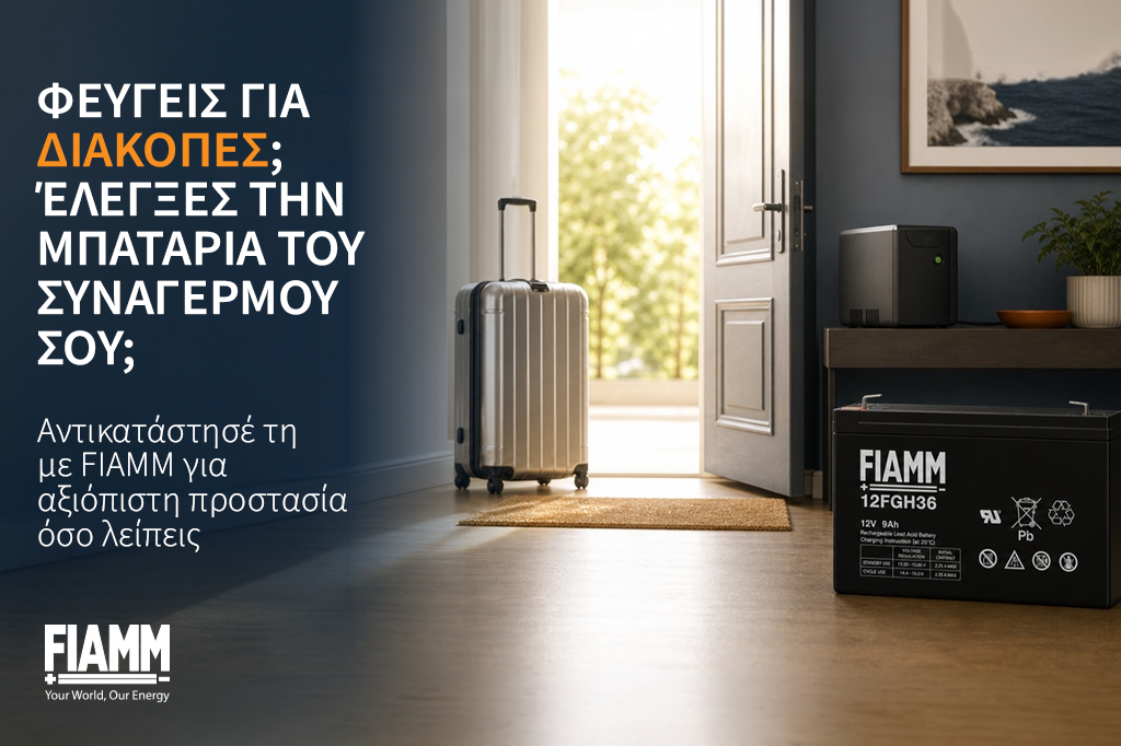 FIAMM μπαταρία συναγερμού δίπλα σε βαλίτσα στην είσοδο σπιτιού, υπενθυμίζοντας τον έλεγχο της μπαταρίας πριν τις καλοκαιρινές διακοπές.