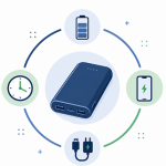 Flat design εικονογράφηση Power Bank με εικονίδια που συμβολίζουν τη χωρητικότητα της μπαταρίας, την αυτονομία, τη φόρτιση και τη χρήση φορητής ενέργειας.