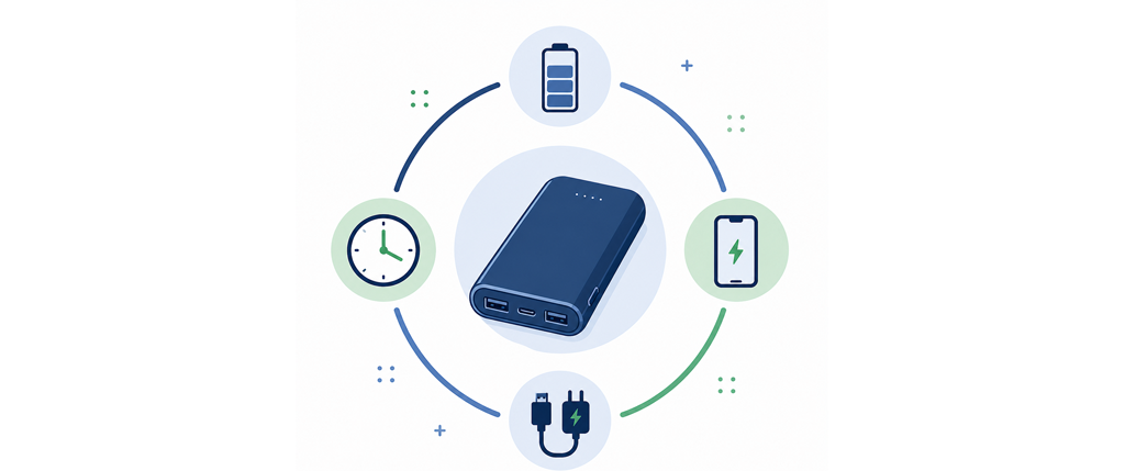Flat design εικονογράφηση Power Bank με εικονίδια που συμβολίζουν τη χωρητικότητα της μπαταρίας, την αυτονομία, τη φόρτιση και τη χρήση φορητής ενέργειας.