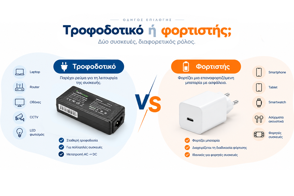 Σύγκριση τροφοδοτικού και φορτιστή με τις βασικές διαφορές τους, παρουσιάζοντας τις συσκευές στις οποίες χρησιμοποιούνται και τον διαφορετικό ρόλο τους στην παροχή ενέργειας και τη φόρτιση.