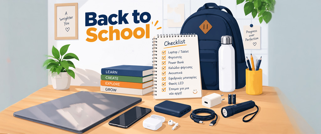 Flat design εικονογράφηση Back to School με σχολική τσάντα, checklist, laptop, Power Bank, φορτιστή, smartphone, ακουστικά, μπαταρίες και φακό LED σε πολύχρωμη minimal σύνθεση.